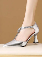 New T-Strap High Heel Sandals, Pointed Toe Hollow Summer Dress Shoes, Thin Heeled Leather Slides